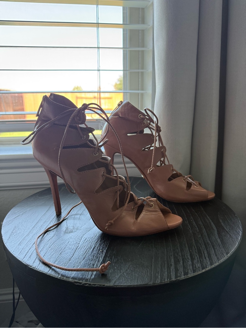 SCHUTZ Pink Lace-Up Open Toe Stiletto Heels - Picture 4 of 10
